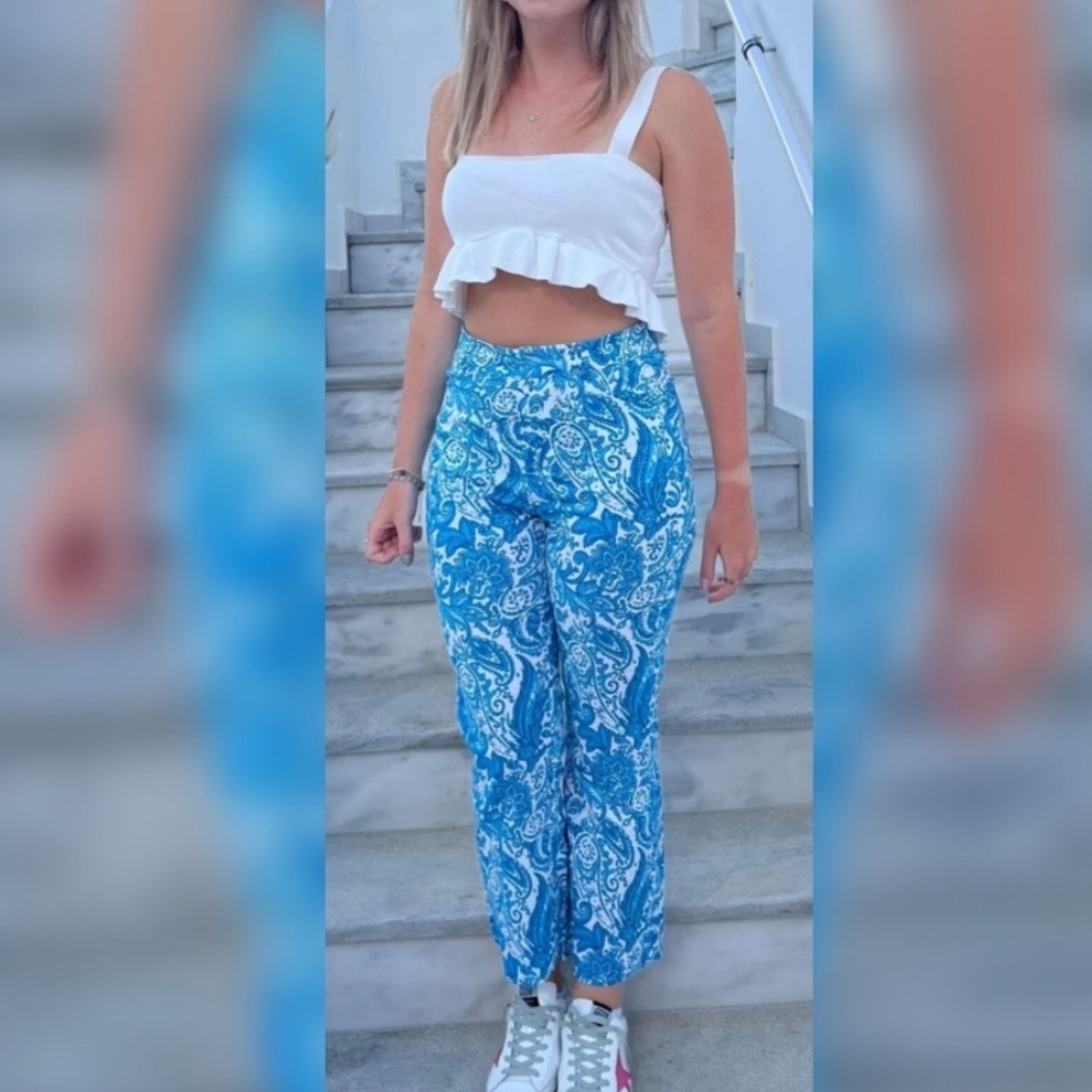 NWT!  ZARA Blue Paisley LINEN Pants - Size 6